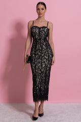 Lace Midi Dress With Sheer Corset Bodice - Black