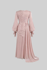 Draped Long-Sleeve Maxi Dress with Gathered Waist – Blush Pink
