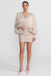 Draped Long Sleeve Mini Dress With Batwing Sleeves - Champagne