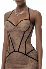 Anathi Brown Floral Lace Corset Maxi Gown