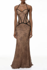 Anathi Brown Floral Lace Corset Maxi Gown