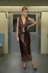 Ava Brown Lace Panel Sequined Maxi Dress