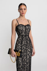 Lace Midi Dress With Sheer Corset Bodice - Black