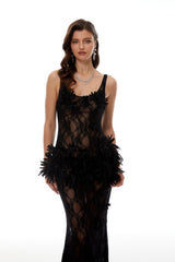 Bloem Black 3D Floral Applique Lace Maxi Dress