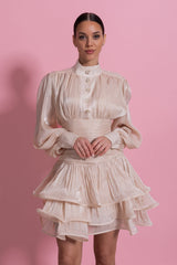 Draped Long Sleeve Mini Dress With Tiered Ruffle Skirt - Champagne