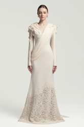 Calanthe Champagne Floral Lace Maxi Dress with Ribbon Detail