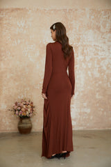 Cambria Brown Ruched Maxi Dress with Metal Buckle