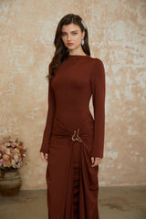 Cambria Brown Ruched Maxi Dress with Metal Buckle
