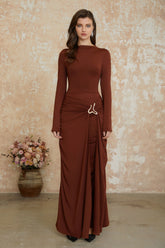 Cambria Brown Ruched Maxi Dress with Metal Buckle