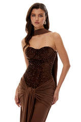 Christine Brown Off Shoulder Draped Maxi Dress