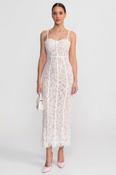 Lace Midi Dress With Sheer Corset Bodice - White