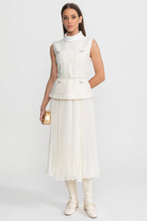 Sleeveless Textured Midi Dress with Pleated Chiffon Skirt – Ivoire