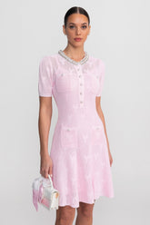 Textured Short Sleeve Mini Dress With Pearl Trim Neckline And Crystal Buttons - Pink