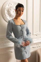 Textured Mini Dress With Feathered Cuffs And Square Neckline - Blue