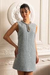 Textured Sleeveless Mini Dress With Sparkling Collar Details - Blue