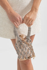 Round Netted Handbag With Beige Satin Drawstring Pouch - Silver