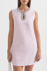 Textured Sleeveless Mini Dress With Sparkling Collar Details - Pink