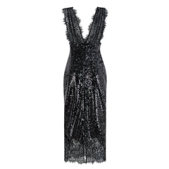 Ava Black Lace Panel Sequined Maxi Dress