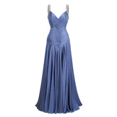 AngelÃna Blue Diagonal Pleated Gathered Maxi Gown