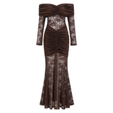 Brigitte Brown Lace Panel Ruched Maxi Dress