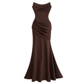 Marilou Brown Ruched Satin Maxi Dress