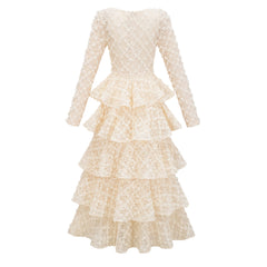 Halla Neutral Tiered Floral Lace Maxi Dress