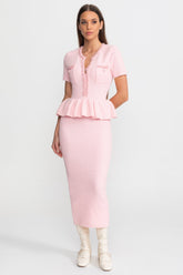 Textured Knit Midi Dress with Peplum Waist Detail – Baby Pink