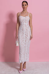 Lace Midi Dress With Sheer Corset Bodice - White