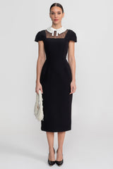 Cap Sleeve Midi Dress With Lace Collar Tie Detail - Black