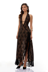 Elena Black Halterneck Floral Lace Maxi Dress