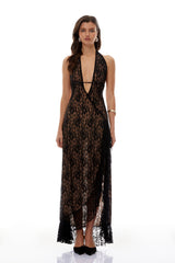 Elena Black Halterneck Floral Lace Maxi Dress