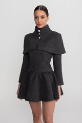 Long Sleeve Mini Dress With Detachable Cape Overlay - Charcoal