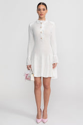 Open-Knit Mini Dress With Ruffle High Neck And Pearl Button Placket - White
