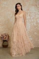 Giuseppina Neutral Pleated Lace Maxi Dress