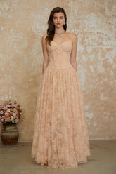 Giuseppina Neutral Pleated Lace Maxi Dress