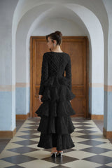 Halla Black Tiered Floral Lace Maxi Dress