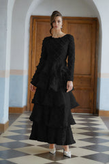 Halla Black Tiered Floral Lace Maxi Dress