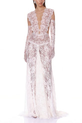 Hanna White Sheer Lace Maxi Dress with Deep V-Neck