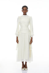 Katrín White Glossy Gathered Maxi Dress