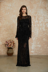 Kismet Black Flocked Floral Ruched Maxi Dress