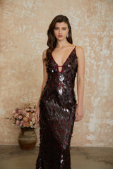 Lucyna Brown V-Neck Sequin Maxi Dress