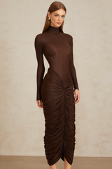 Charitina Brown Fitted Ruched Midi Dress