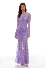 Magdalena Purple Floral Lace Ruched Maxi Dress