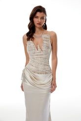Marietjie Champagne Asymmetrical Maxi Dress with Satin Panels