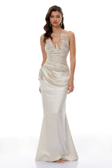 Marietjie Champagne Asymmetrical Maxi Dress with Satin Panels
