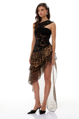 Marion Black Leopard Print Asymmetrical Maxi Dress