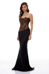 Mirela Black Lace Panel Satin Maxi Dress