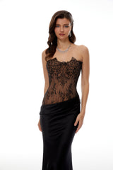 Mirela Black Lace Panel Satin Maxi Dress