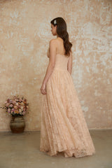 Giuseppina Neutral Pleated Lace Maxi Dress