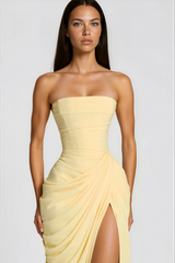Safiya Yellow Ruched Maxi Dress with Cross Front